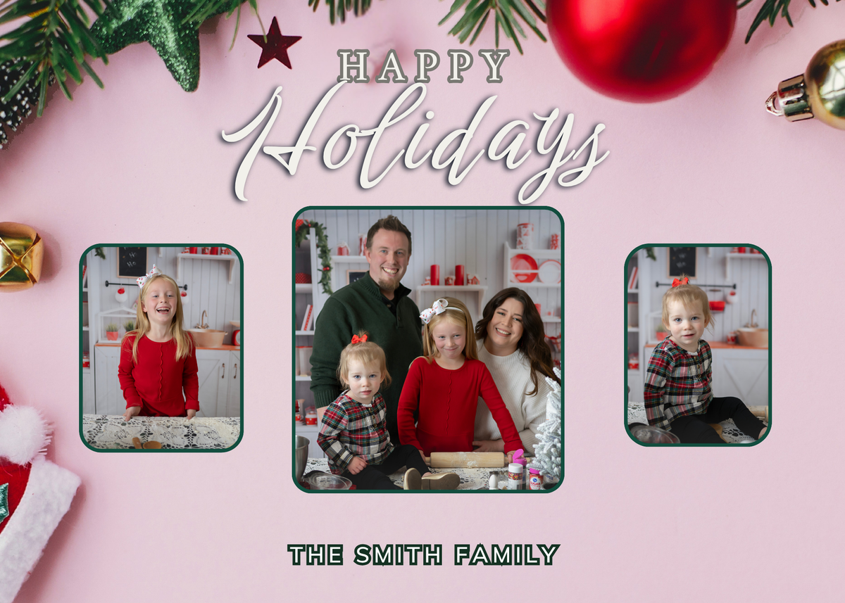 Happy Holidays 3 Picture Ornaments and Greenery Card