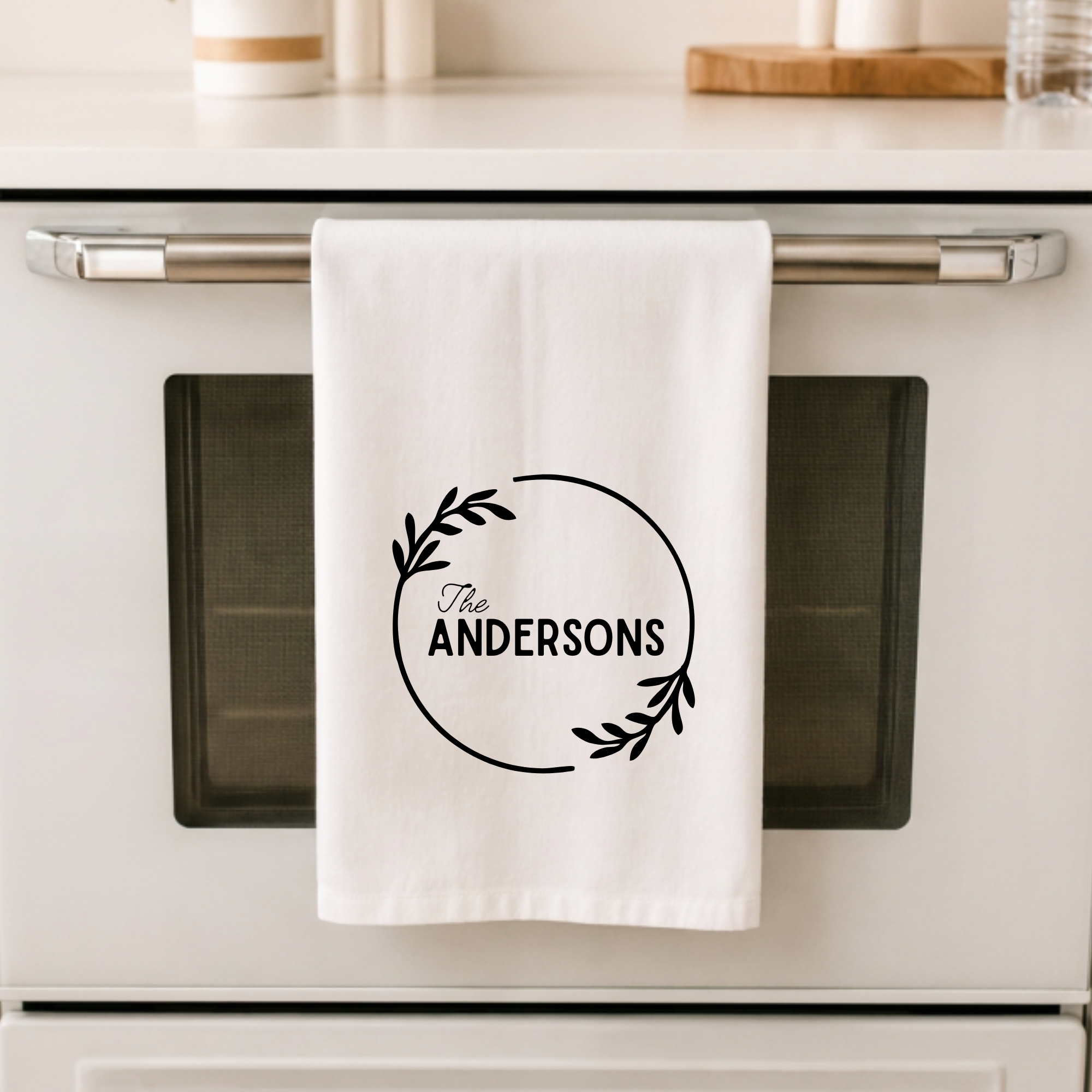 Family Name in Circle Leaves Kitchen Towel