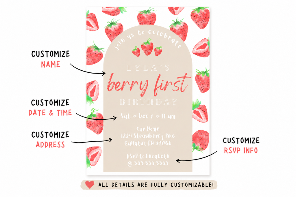 Invitation card with strawberry pattern and customization options on a white background