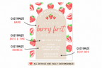 Invitation card with strawberry pattern and customization options on a white background