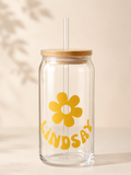 Glass tumbler with wood lid, daisy, and name