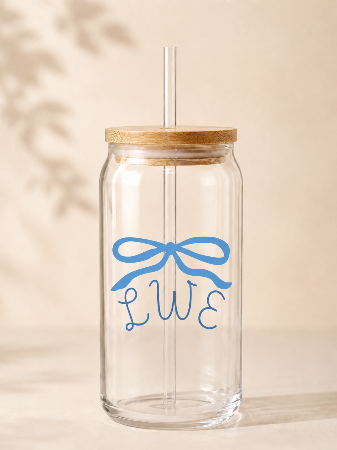 Glass tumbler with wood lid and mongram with bow