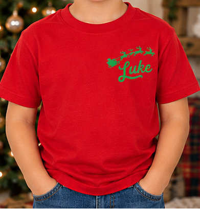 Kids Name With Sleigh and Reindeer Tee