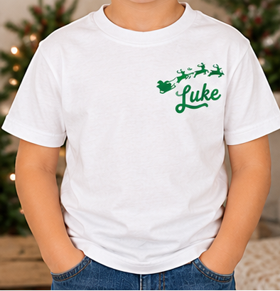 Kids Name With Sleigh and Reindeer Tee