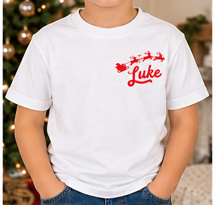 Kids Name With Sleigh and Reindeer Tee