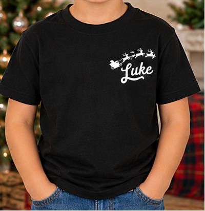 Kids Name With Sleigh and Reindeer Tee