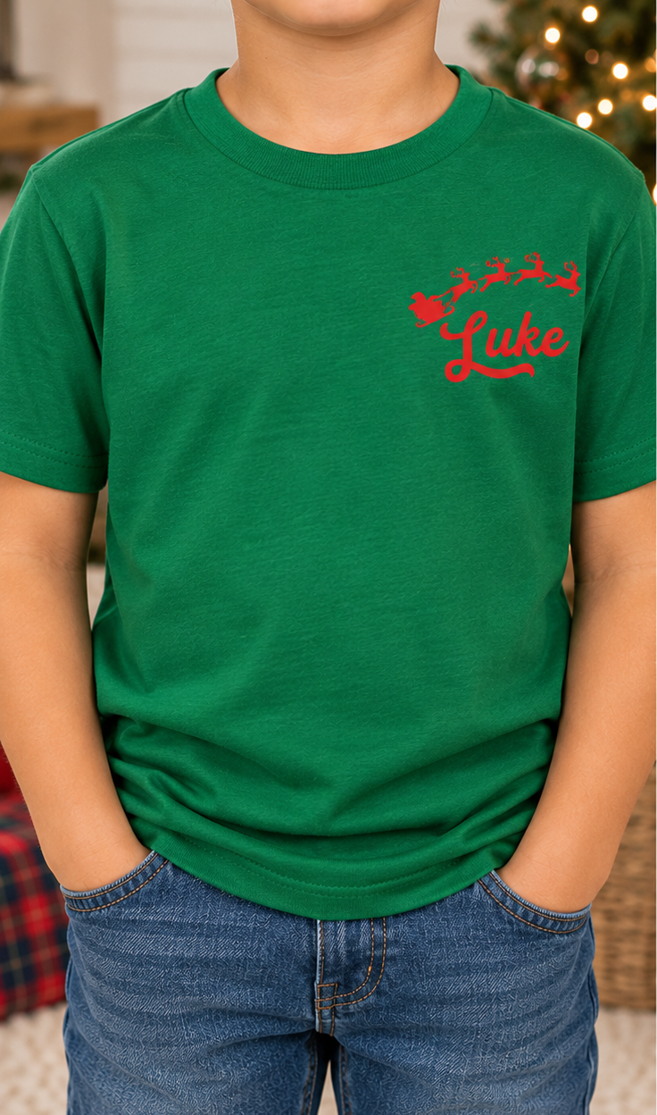 Kids Name With Sleigh and Reindeer Tee