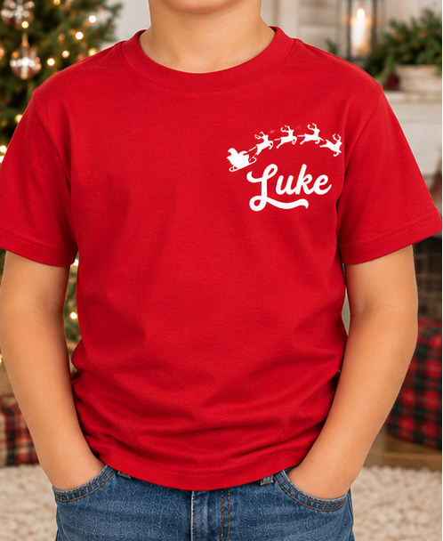 Kids Name With Sleigh and Reindeer Tee